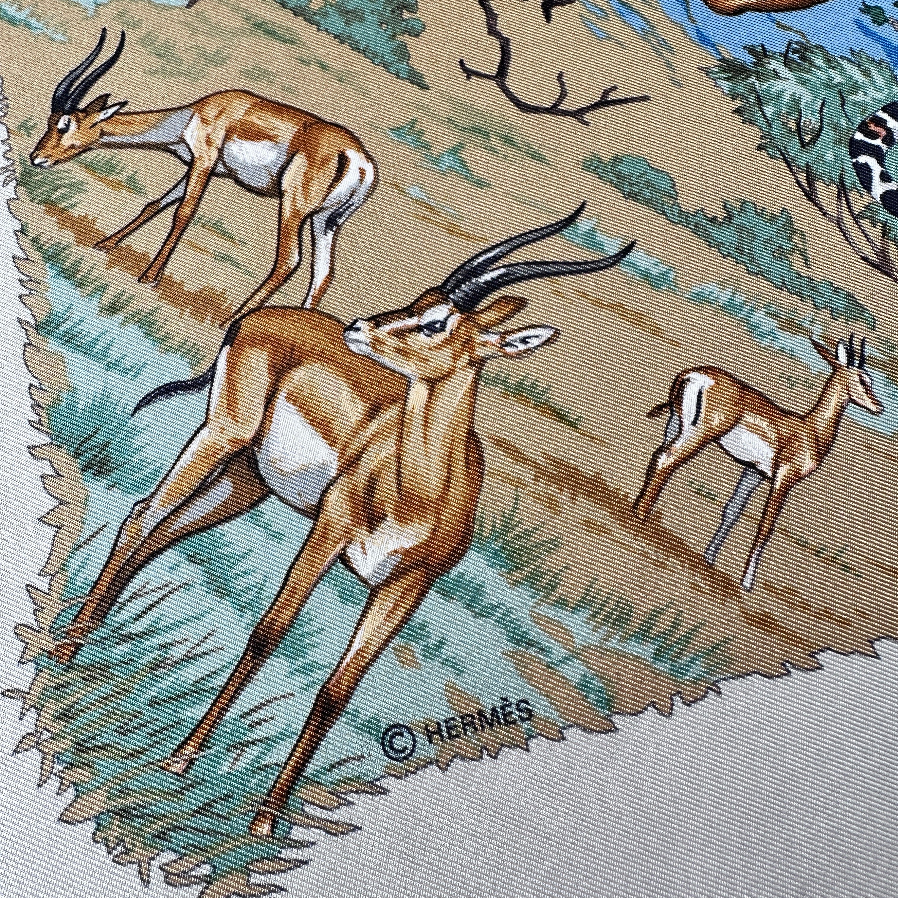 Détail gazelles et impalas sur fond de savane avec logo du copyright hermès dans le dessin