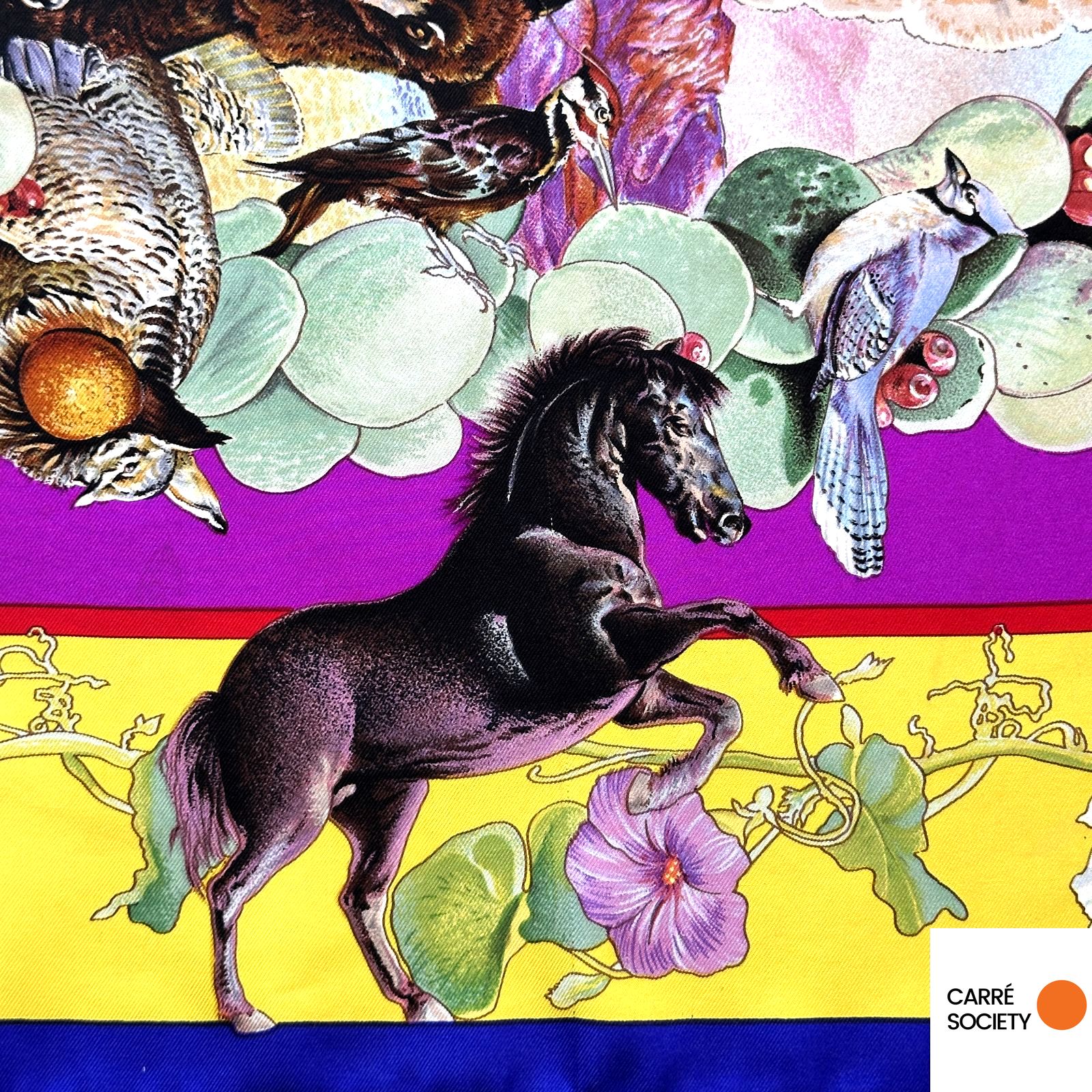 Détail du cheval noir sur fond violet du foulard Hermès Faune et Flore du Texas
