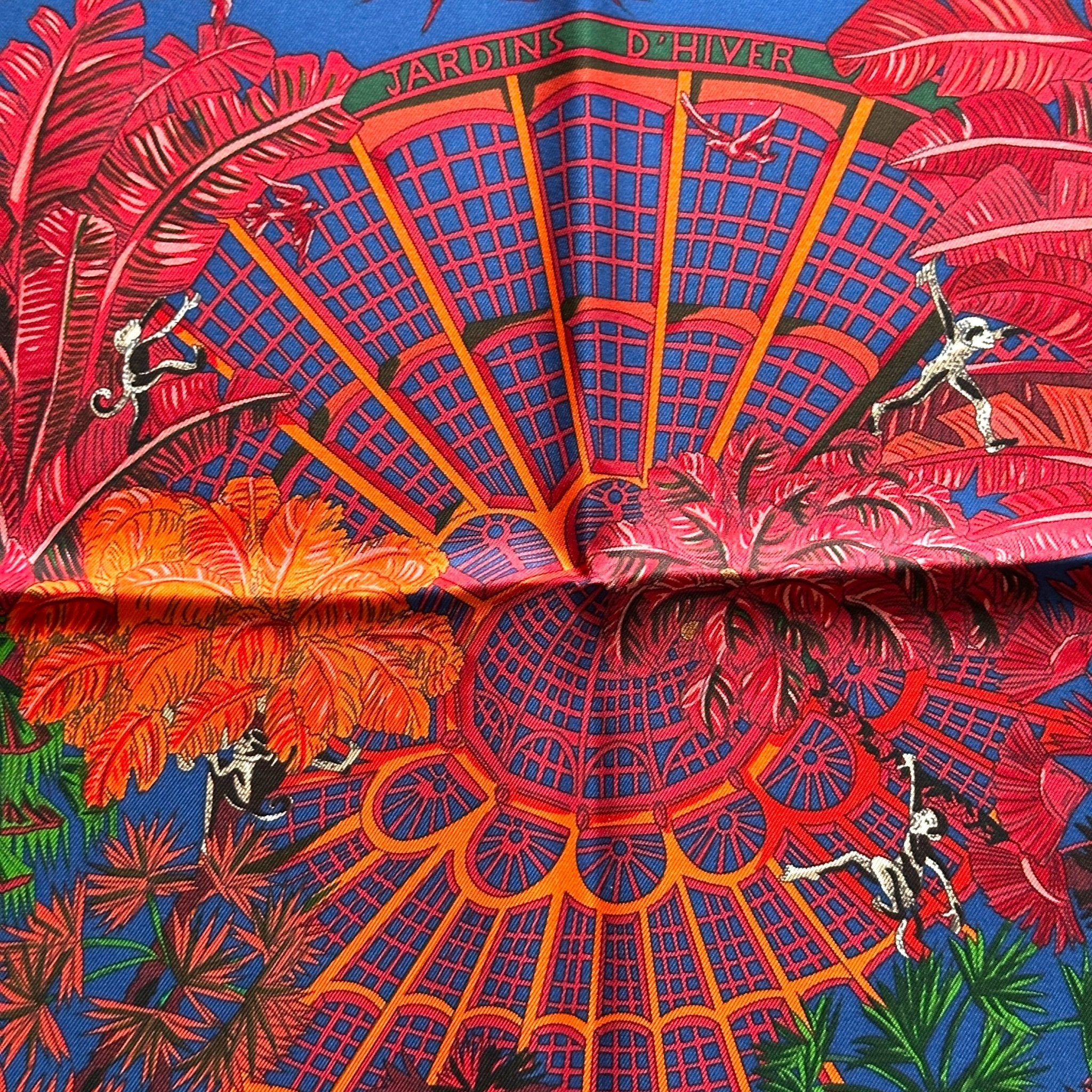 centre du foulard carre Hermès jardins d hiver dessin de verrières avec des singes et des oiseaux