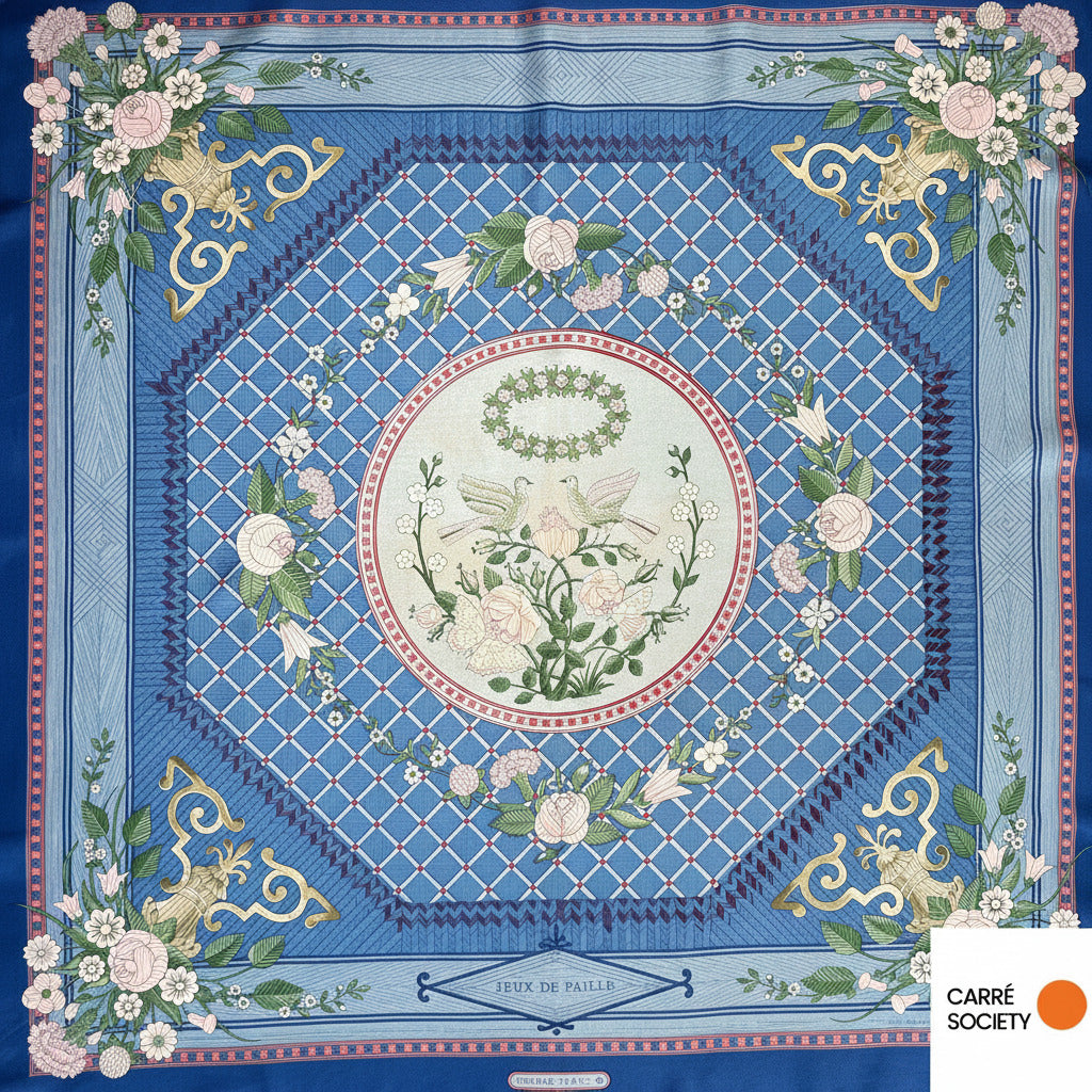 Foulard Hermès 90 cm - Jeux de paille- F. de la Perrière (1984)