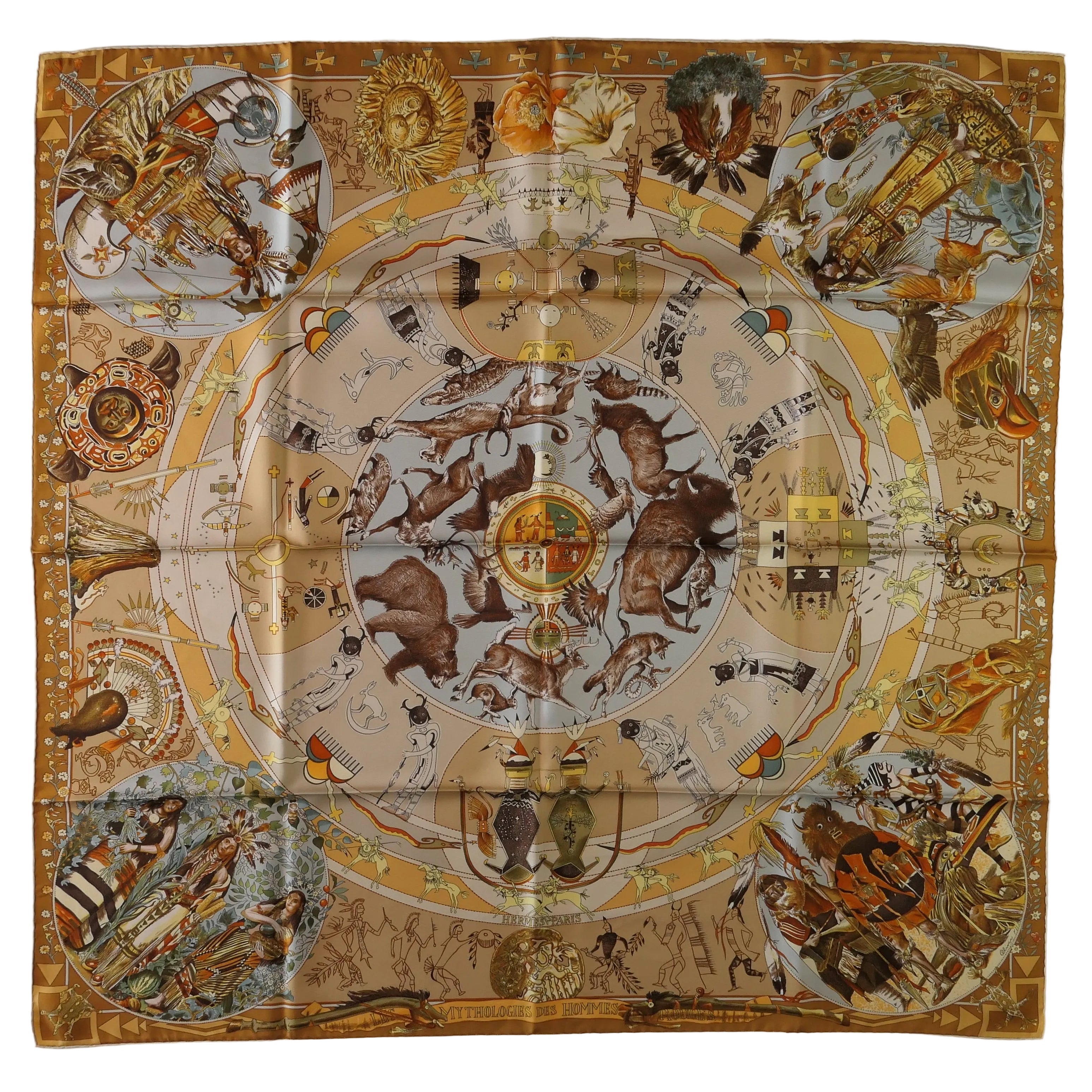 Carré Hermès Mythologies des Hommes Rouges Kermit Oliver 90 cm soie, vue d'ensemble ocre