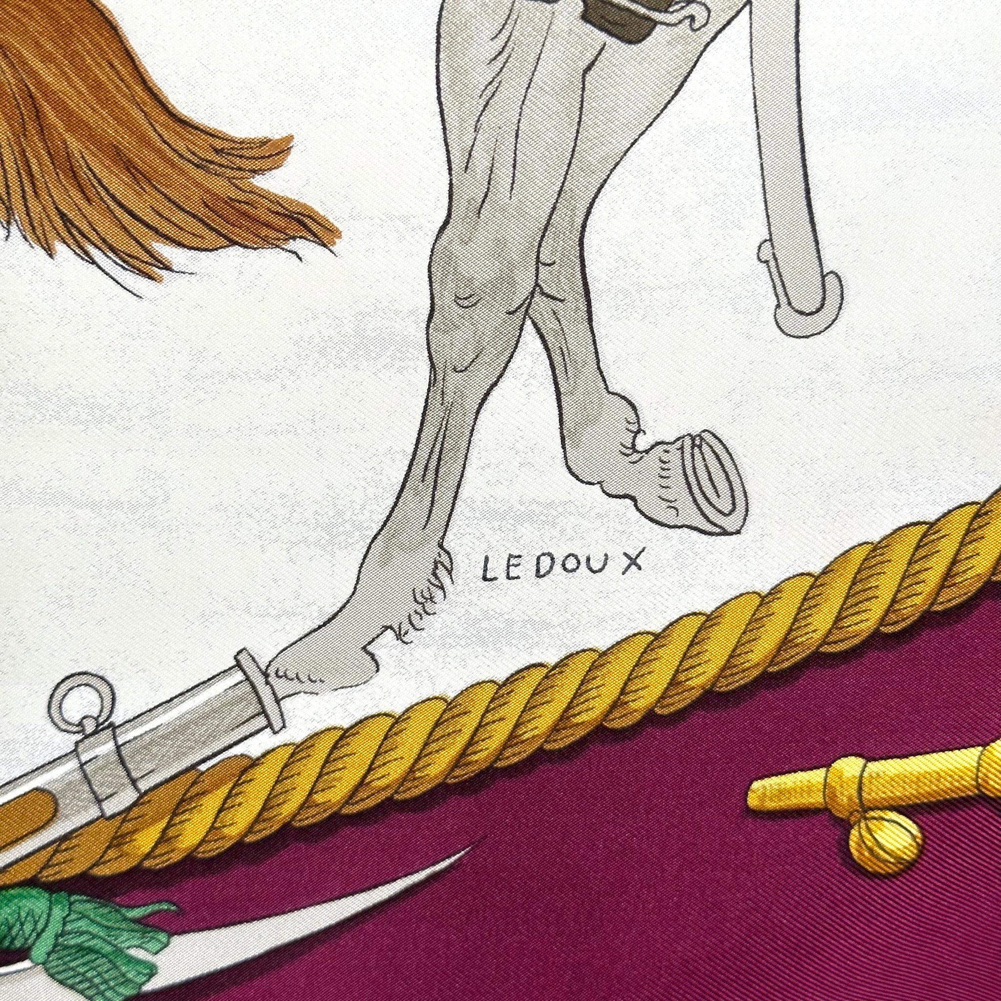 MARINE AND CAVALRY by Philippe Ledoux - Hermès scarf 90cm - burgundy 