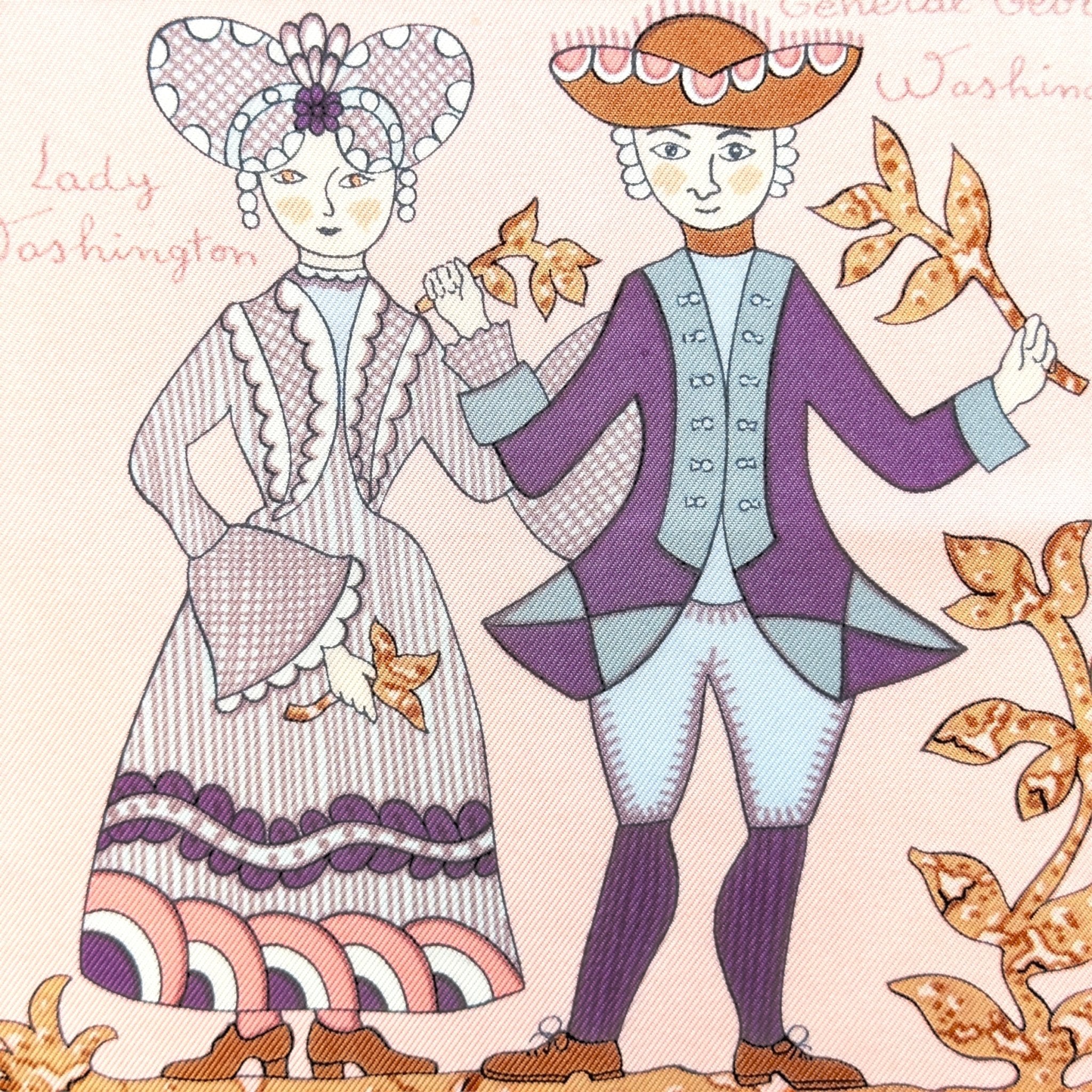 dessin sur fond rose du couple washington au centre du carre hermes 