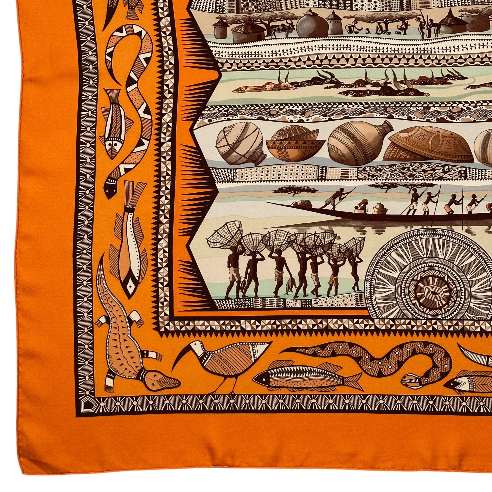 foulard carre hermes la vie du fleuve d'occasion  en tres bon état