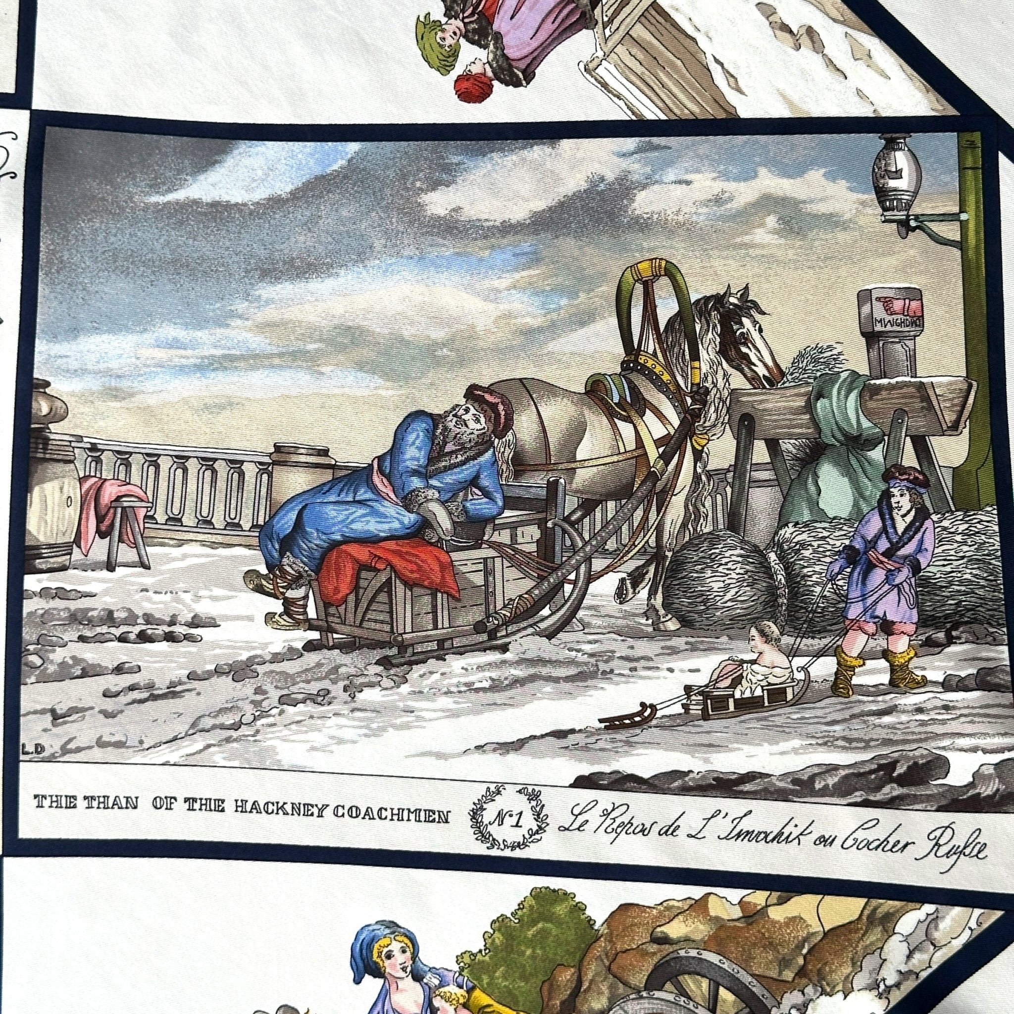 Détail du motif : attelage russe en traîneau sur fond de neige