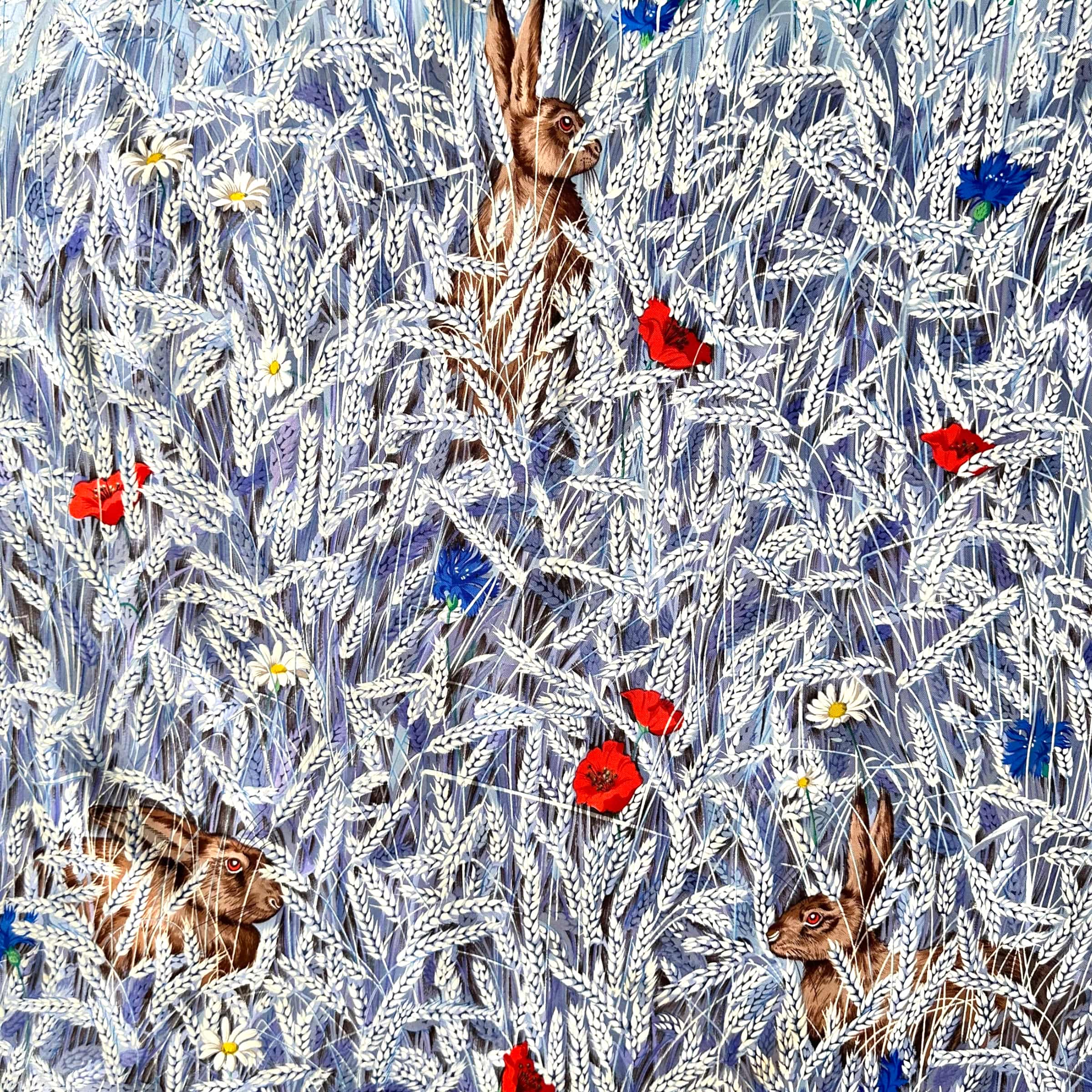 Carre Hermes Les Bles trois lapins dans les blés avec coquelicots rouge et bleuets 